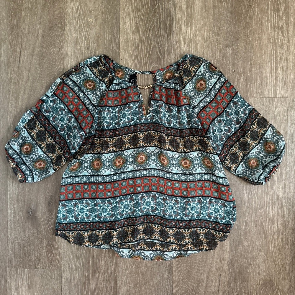 BCX Sheer Blouse Womens Large Teal Rust Medallion Print Keyhole 3/4 Sleeve Top